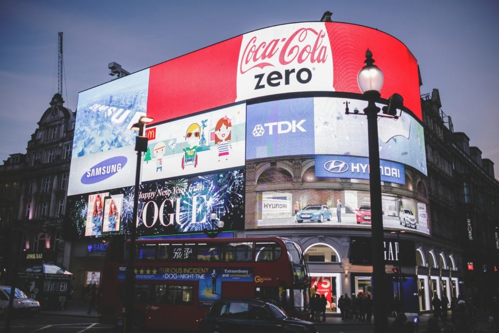 A picture of the advertising billboard corner in piccadilly circus, shown to illustrate the future of advertising