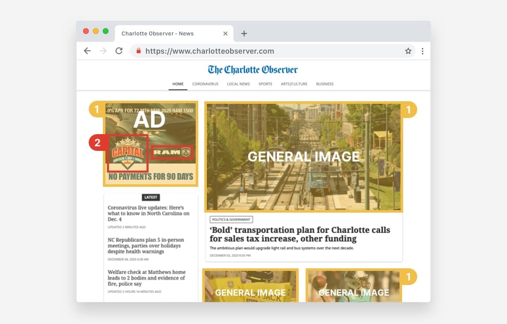 Ad monitoring use case showing ads on website