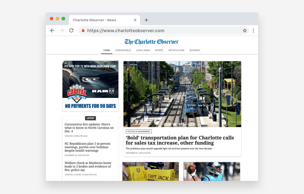 Ad Monitoring regional news. Charlotte Observer webpage with capital ad