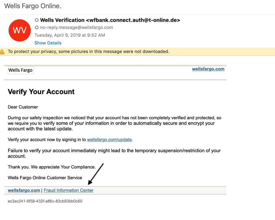 Example of a fake phishing email using legitimate links