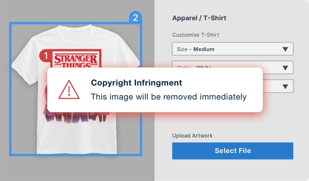 Depicting a detection of copyright and trademark infringing design on t-shirt