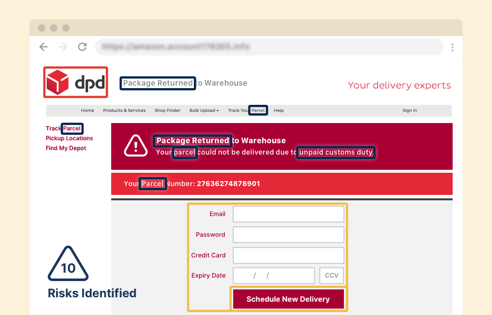 Depiction of online form page risk-scored in third step of visual phishing detection